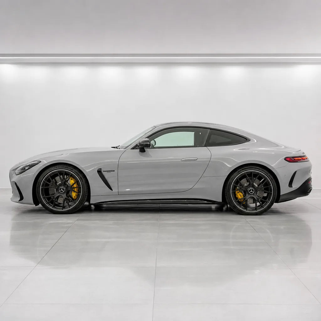 Light Slate Grey gloss colored PPF wrapped on a Mercedes-AMG GT side profile | Veloro