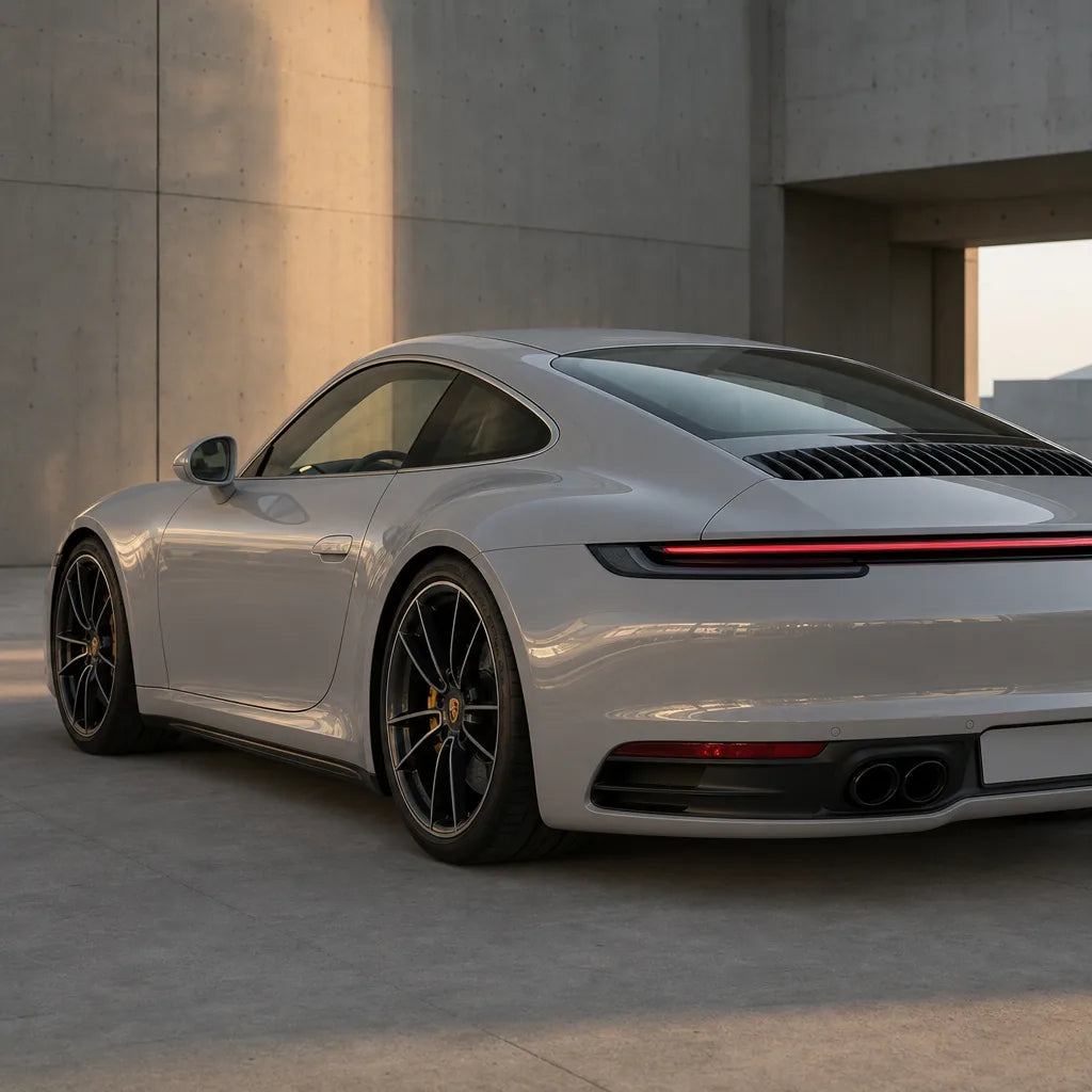 Luxury car wrapped in Light Slate Grey gloss colored PPF at golden hour | Veloro
