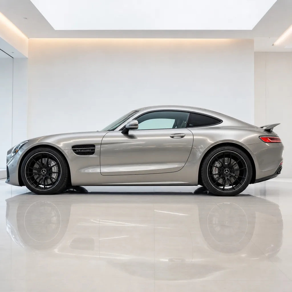 Liquid Aluminum Silver gloss colored PPF wrapped on a Mercedes-AMG GT side profile | Veloro