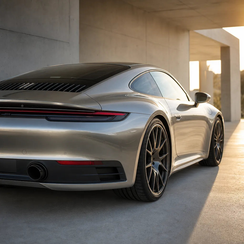 Luxury car wrapped in Liquid Aluminum Silver gloss colored PPF at golden hour | Veloro