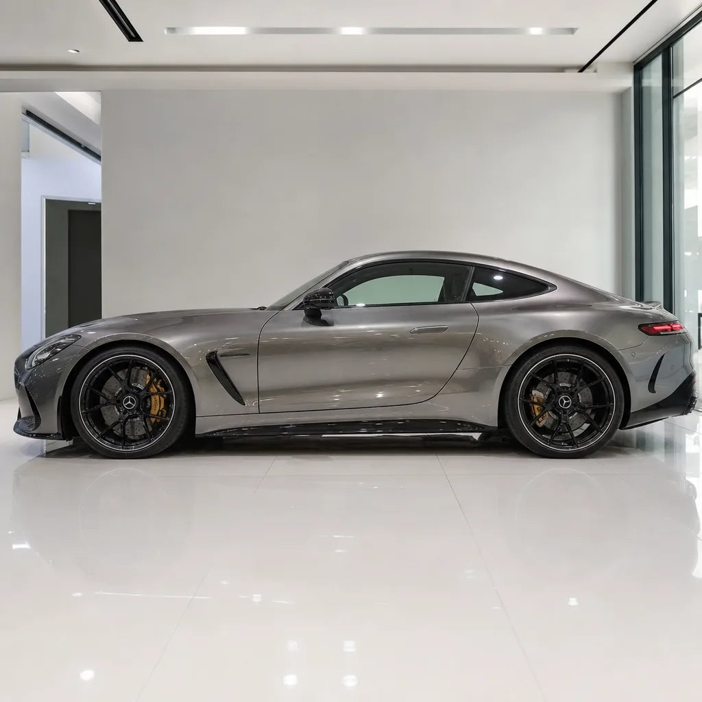 Liquid Dark Silver gloss colored PPF wrapped on a Mercedes-AMG GT side profile | Veloro