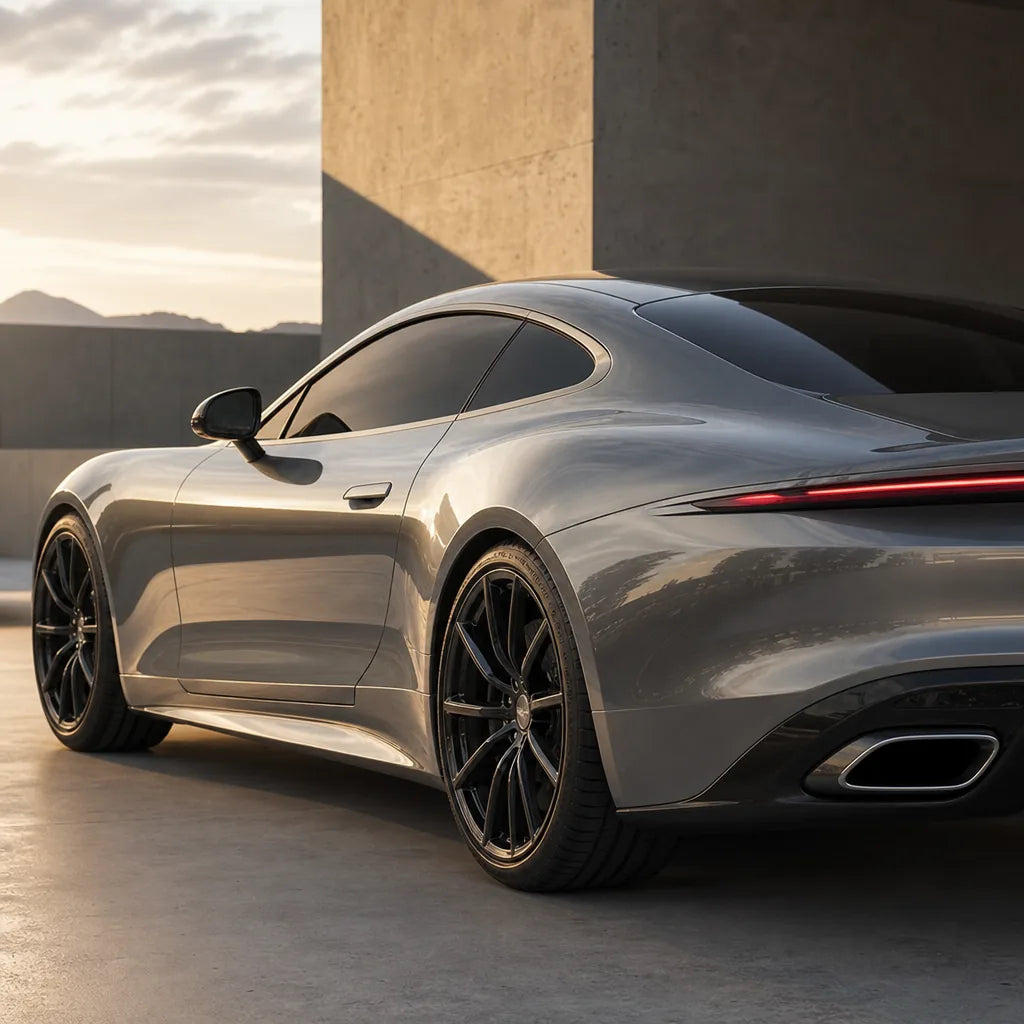 Luxury car wrapped in Liquid Dark Silver gloss colored PPF at golden hour | Veloro