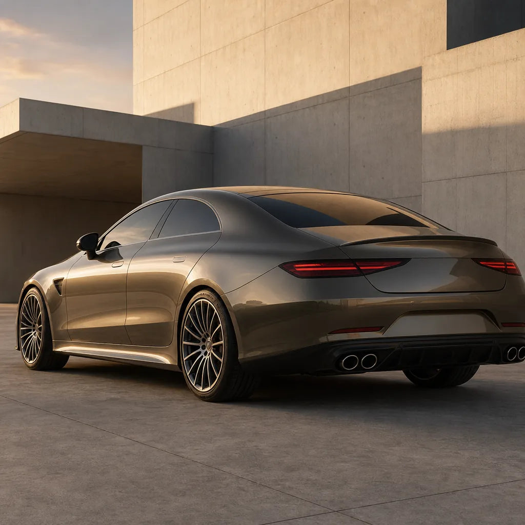 Luxury car wrapped in Liquid Metallic Bronze gloss colored PPF at golden hour | Veloro