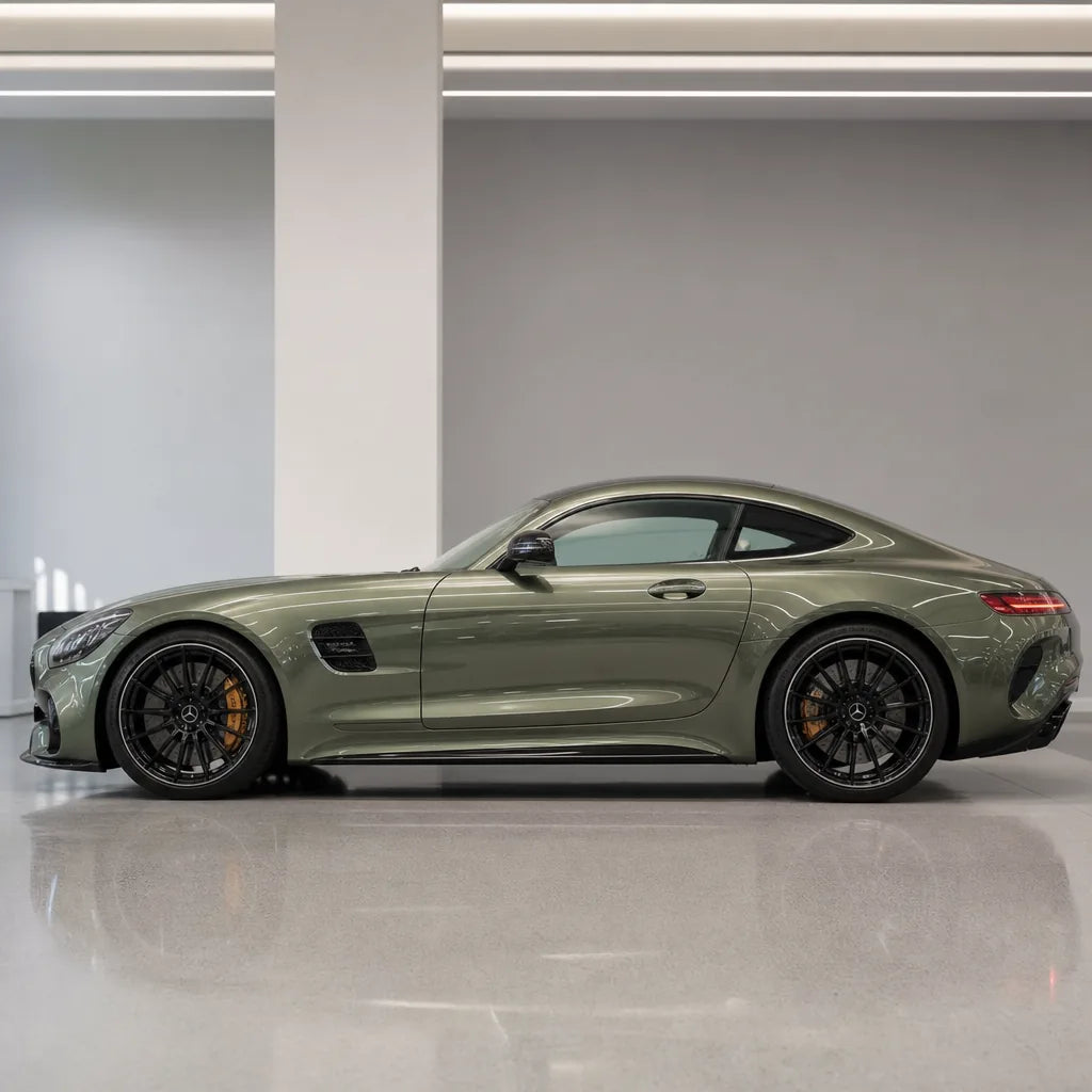 Liquid Metallic Coffee Grey gloss colored PPF wrapped on a Mercedes-AMG GT side profile | Veloro