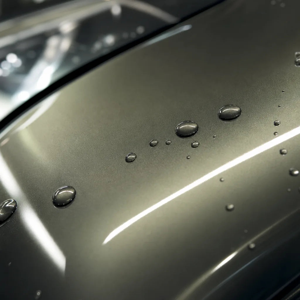 Close-up of Liquid Metallic Coffee Grey gloss colored PPF surface texture | Veloro