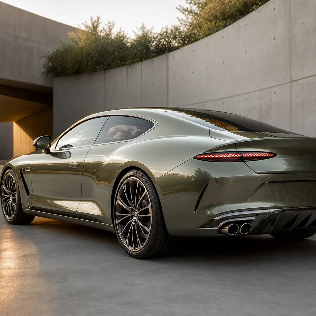 Luxury car wrapped in Liquid Metallic Coffee Grey gloss colored PPF at golden hour | Veloro