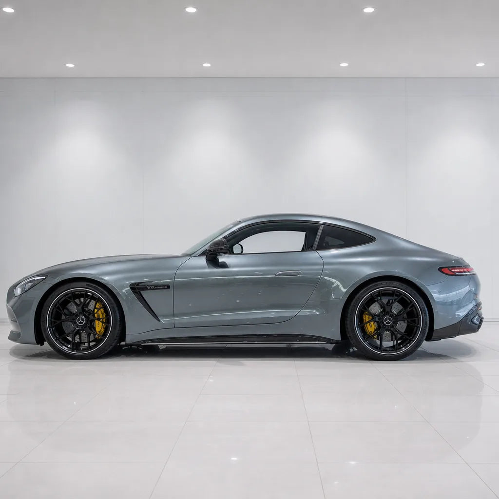 Liquid Metallic Ebony Grey gloss colored PPF wrapped on a Mercedes-AMG GT side profile | Veloro