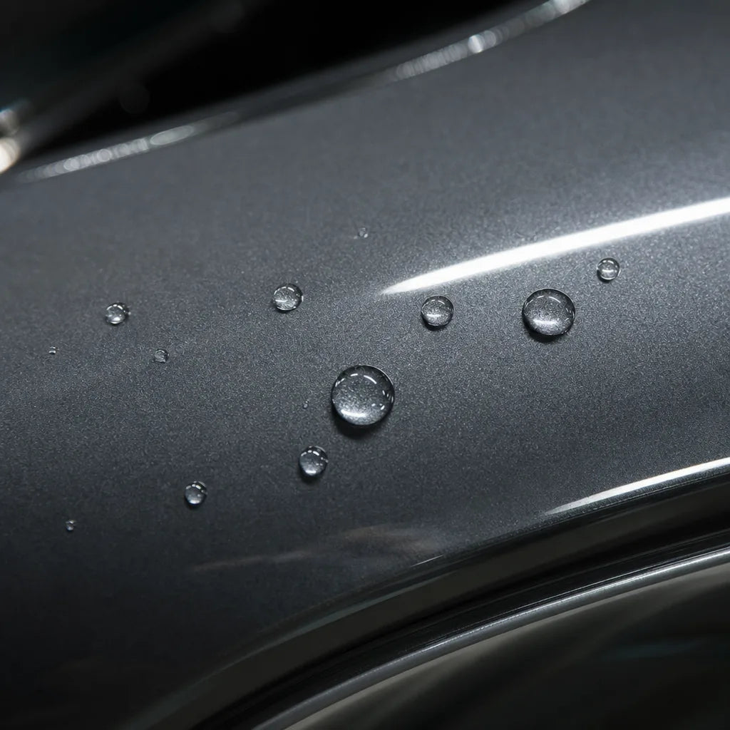 Close-up of Liquid Metallic Ebony Grey gloss colored PPF surface texture | Veloro