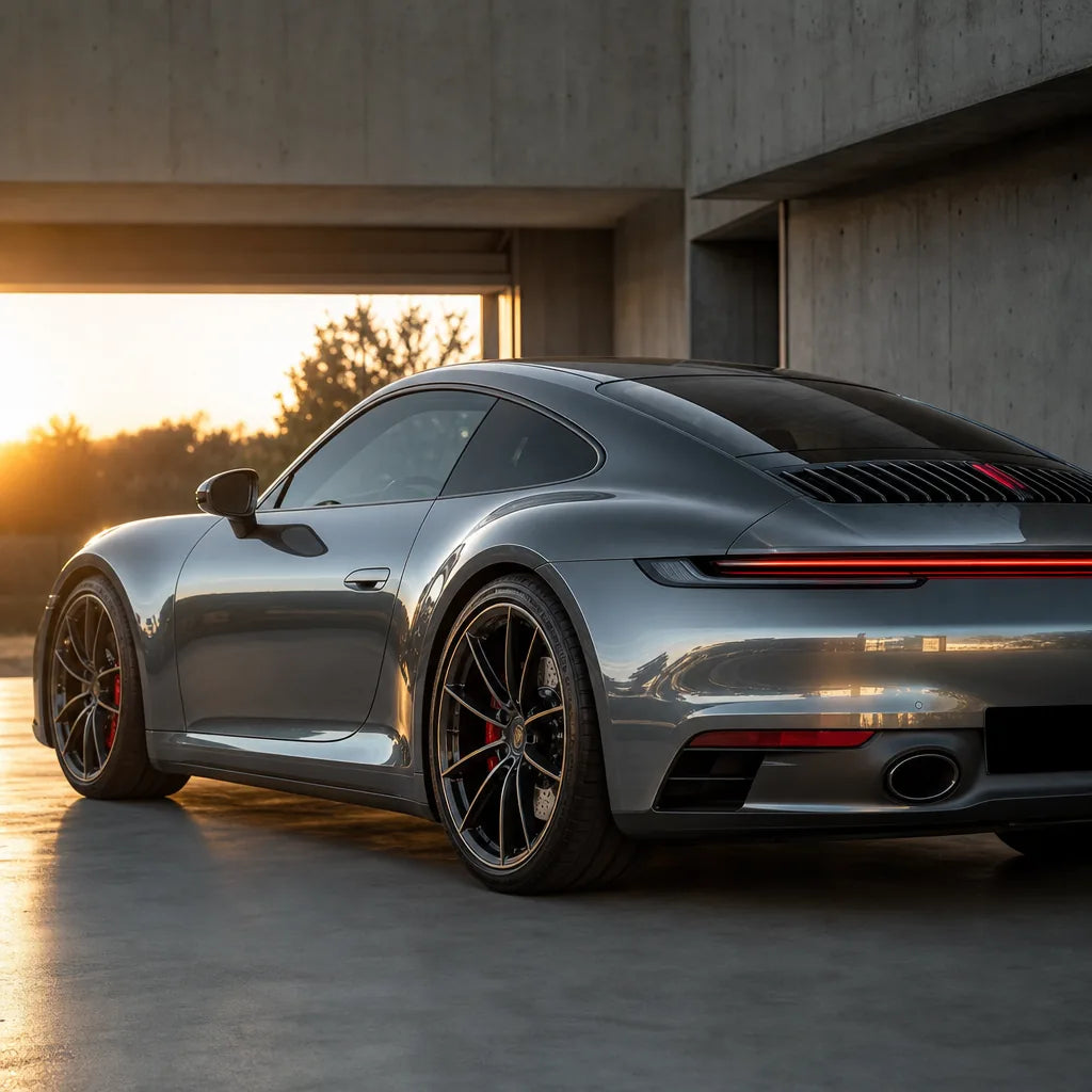 Luxury car wrapped in Liquid Metallic Ebony Grey gloss colored PPF at golden hour | Veloro
