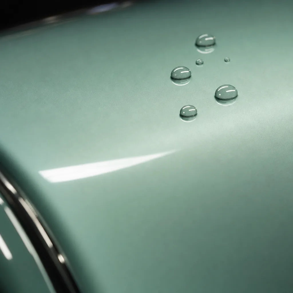Close-up of Liquid Metallic Grace Green gloss colored PPF surface texture | Veloro