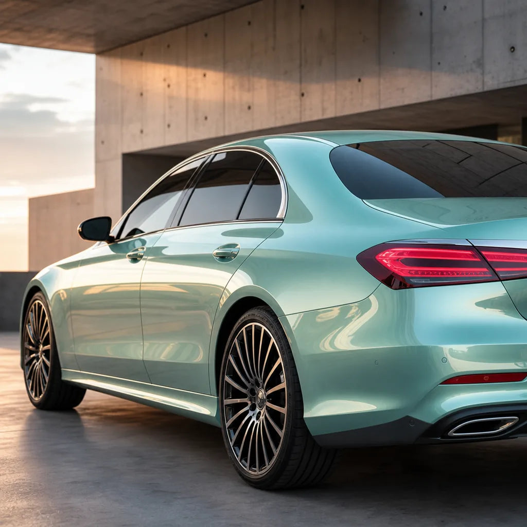 Luxury car wrapped in Liquid Metallic Grace Green gloss colored PPF at golden hour | Veloro