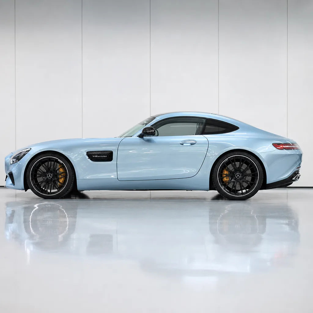 Liquid Metallic Grayish Blue gloss colored PPF wrapped on a Mercedes-AMG GT side profile | Veloro