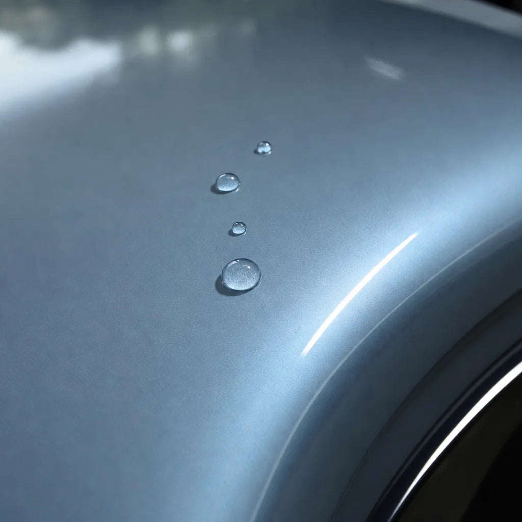 Close-up of Liquid Metallic Grayish Blue gloss colored PPF surface texture | Veloro
