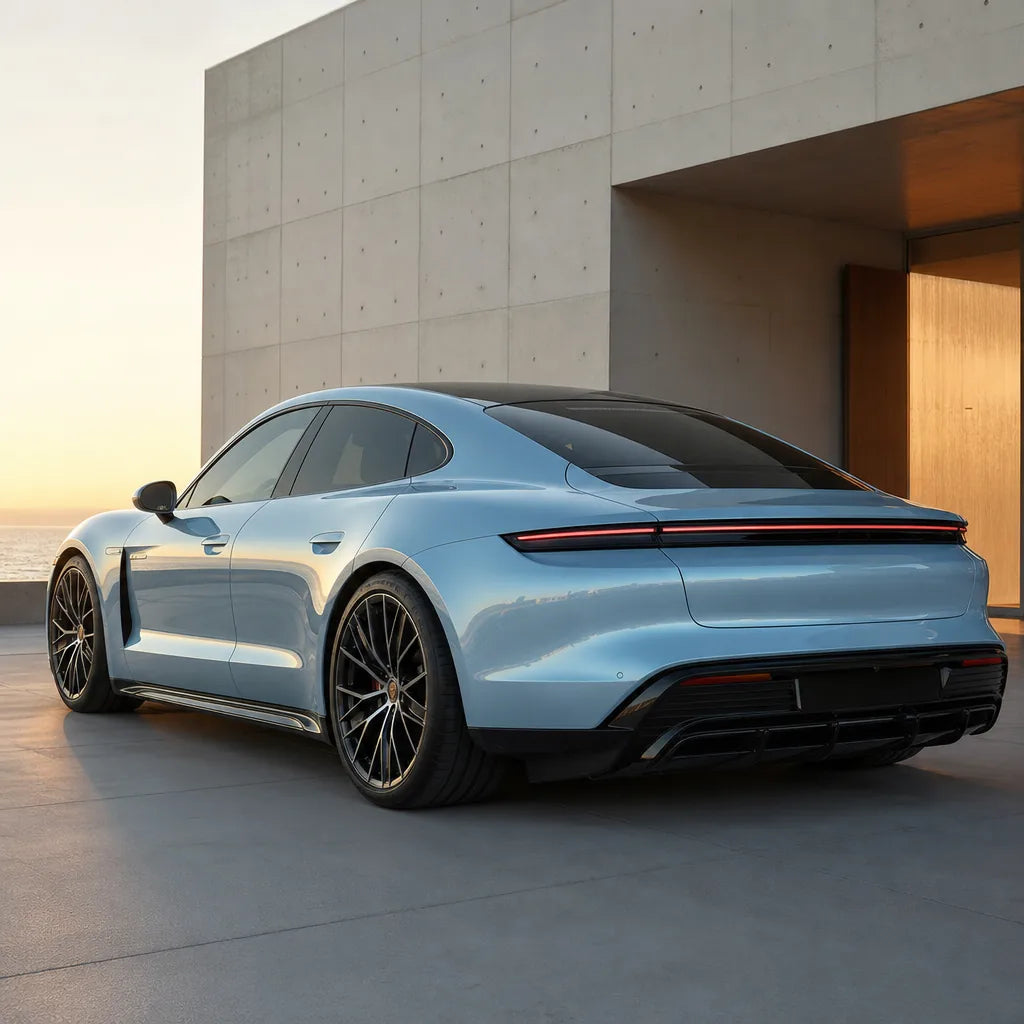 Luxury car wrapped in Liquid Metallic Grayish Blue gloss colored PPF at golden hour | Veloro