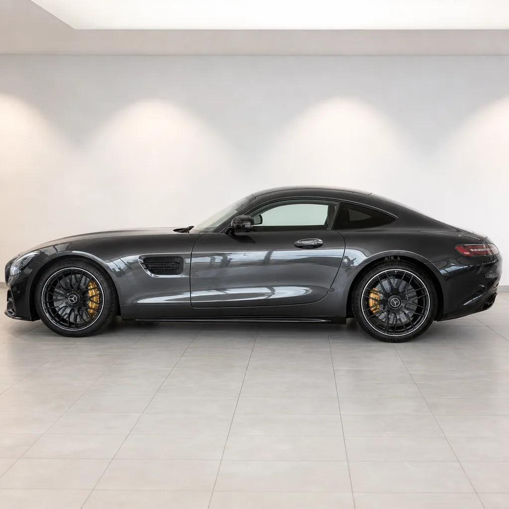 Liquid Metallic Gunmetal Grey gloss colored PPF wrapped on a Mercedes-AMG GT side profile | Veloro