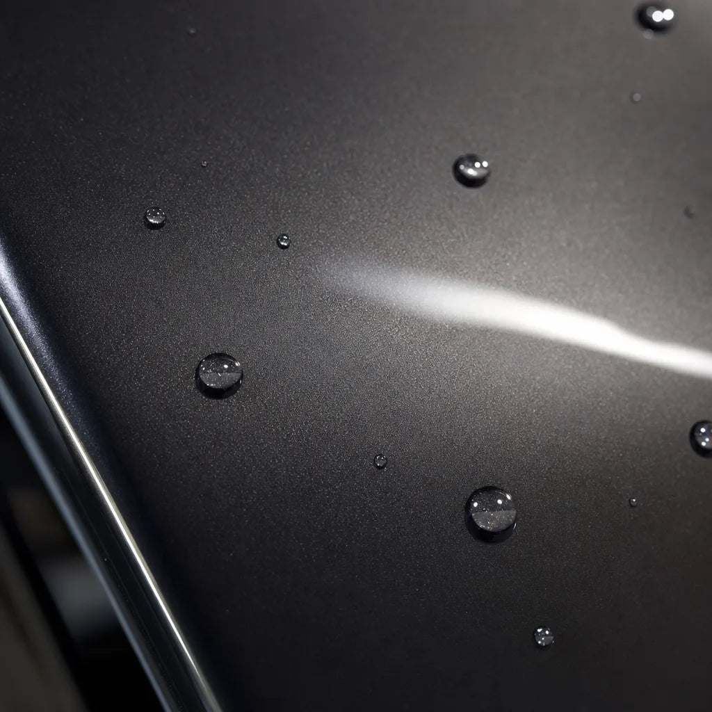 Close-up of Liquid Metallic Gunmetal Grey gloss colored PPF surface texture | Veloro