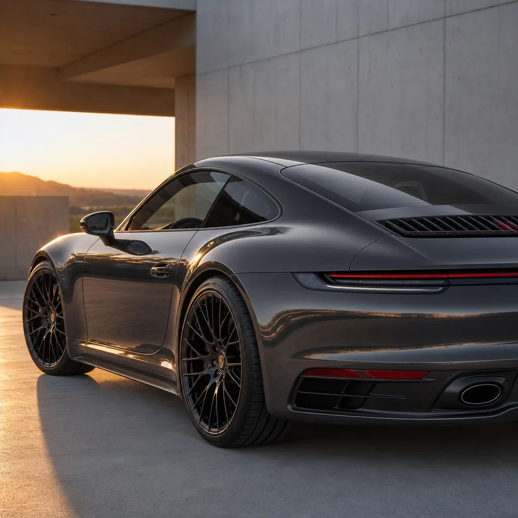 Luxury car wrapped in Liquid Metallic Gunmetal Grey gloss colored PPF at golden hour | Veloro