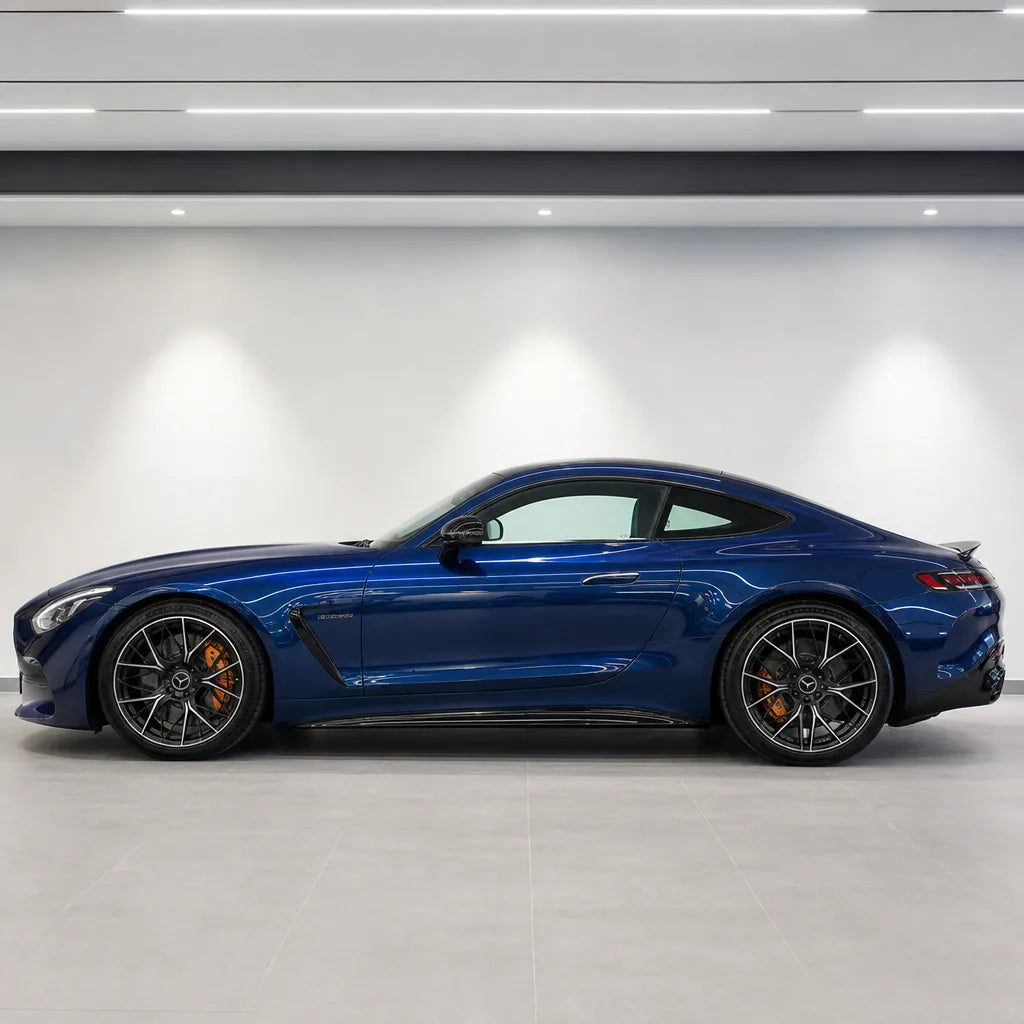 Liquid Metallic Interstellar Blue gloss colored PPF wrapped on a Mercedes-AMG GT side profile | Veloro