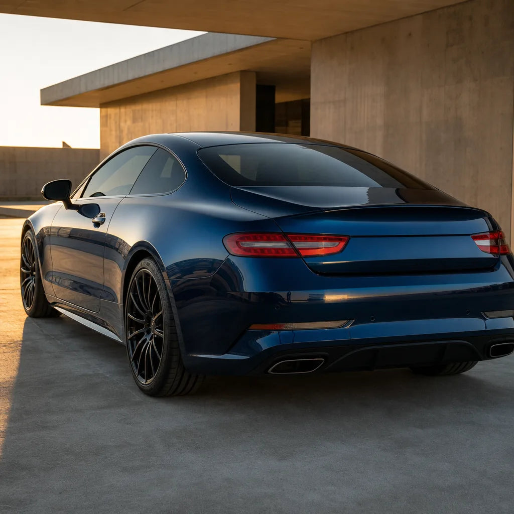 Luxury car wrapped in Liquid Metallic Interstellar Blue gloss colored PPF at golden hour | Veloro