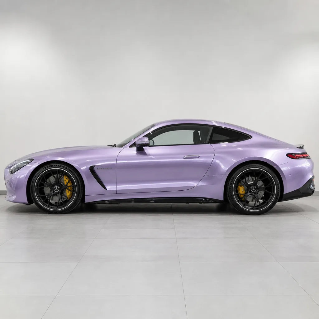 Liquid Metallic Jedi Pink gloss colored PPF wrapped on a Mercedes-AMG GT side profile | Veloro