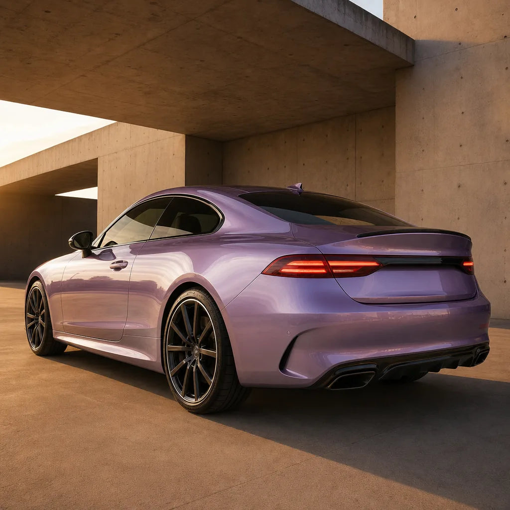 Luxury car wrapped in Liquid Metallic Jedi Pink gloss colored PPF at golden hour | Veloro