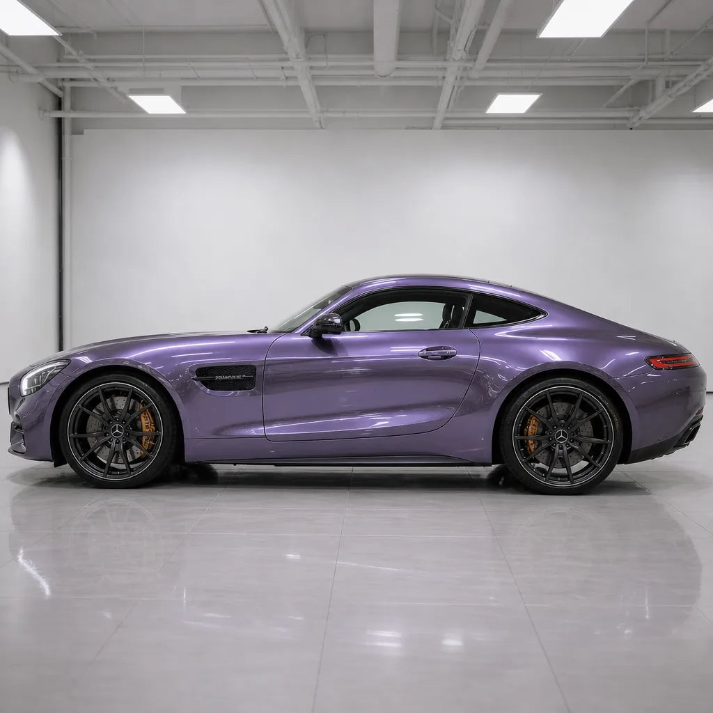 Liquid Metallic Loganberry gloss colored PPF wrapped on a Mercedes-AMG GT side profile | Veloro