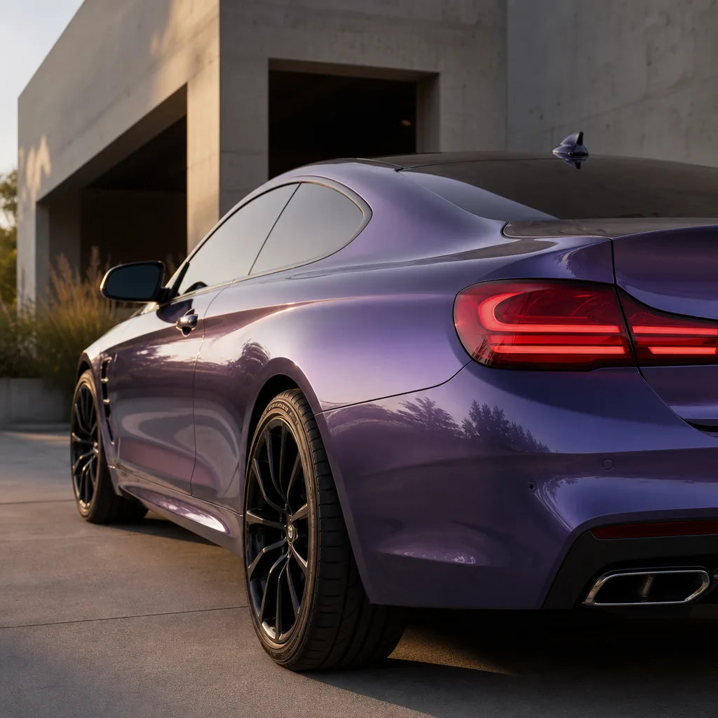 Luxury car wrapped in Liquid Metallic Loganberry gloss colored PPF at golden hour | Veloro