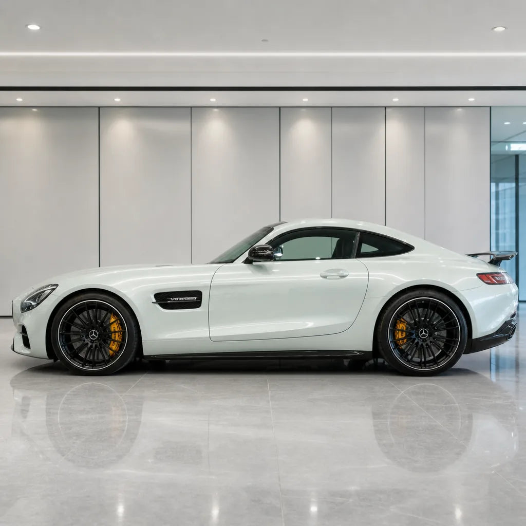 Liquid Metallic Mousse White gloss colored PPF wrapped on a Mercedes-AMG GT side profile | Veloro