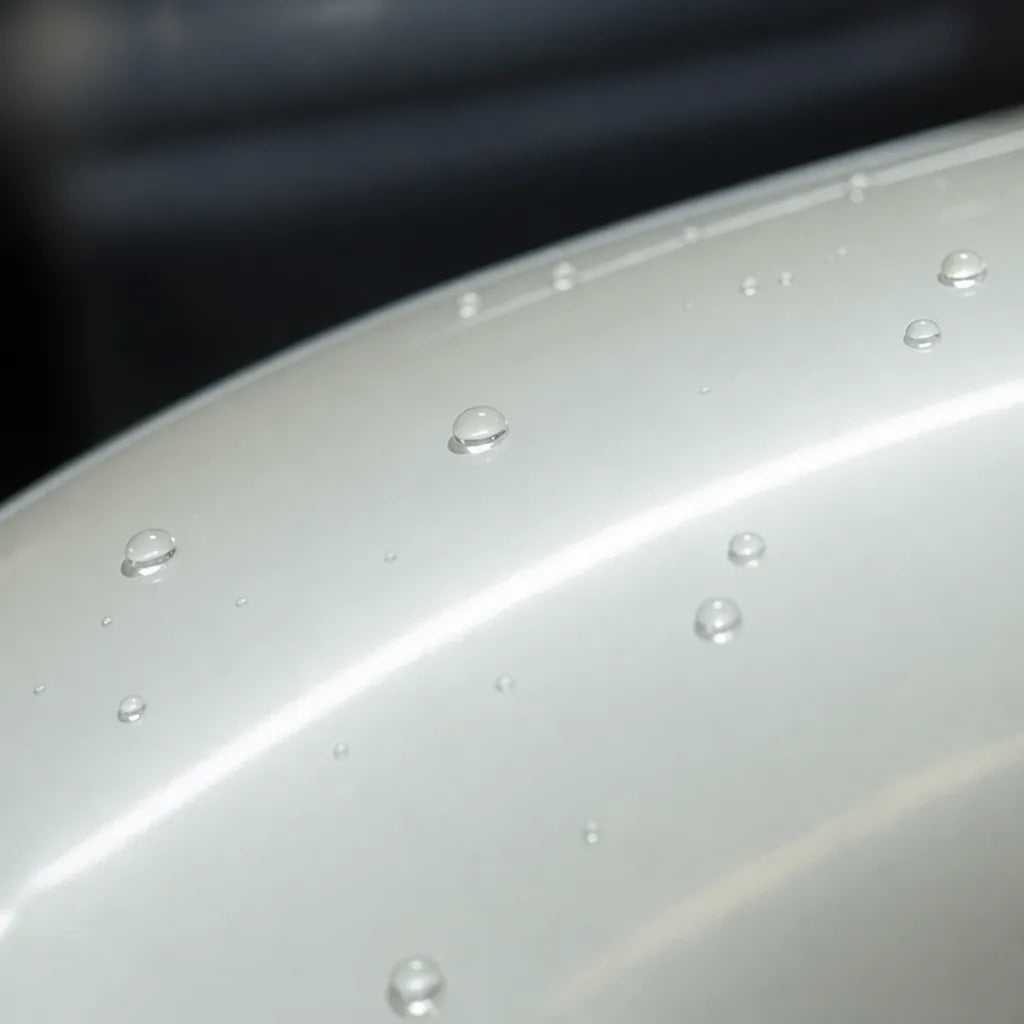 Close-up of Liquid Metallic Mousse White gloss colored PPF surface texture | Veloro