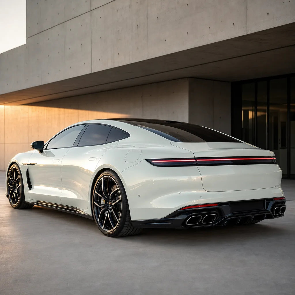 Luxury car wrapped in Liquid Metallic Mousse White gloss colored PPF at golden hour | Veloro