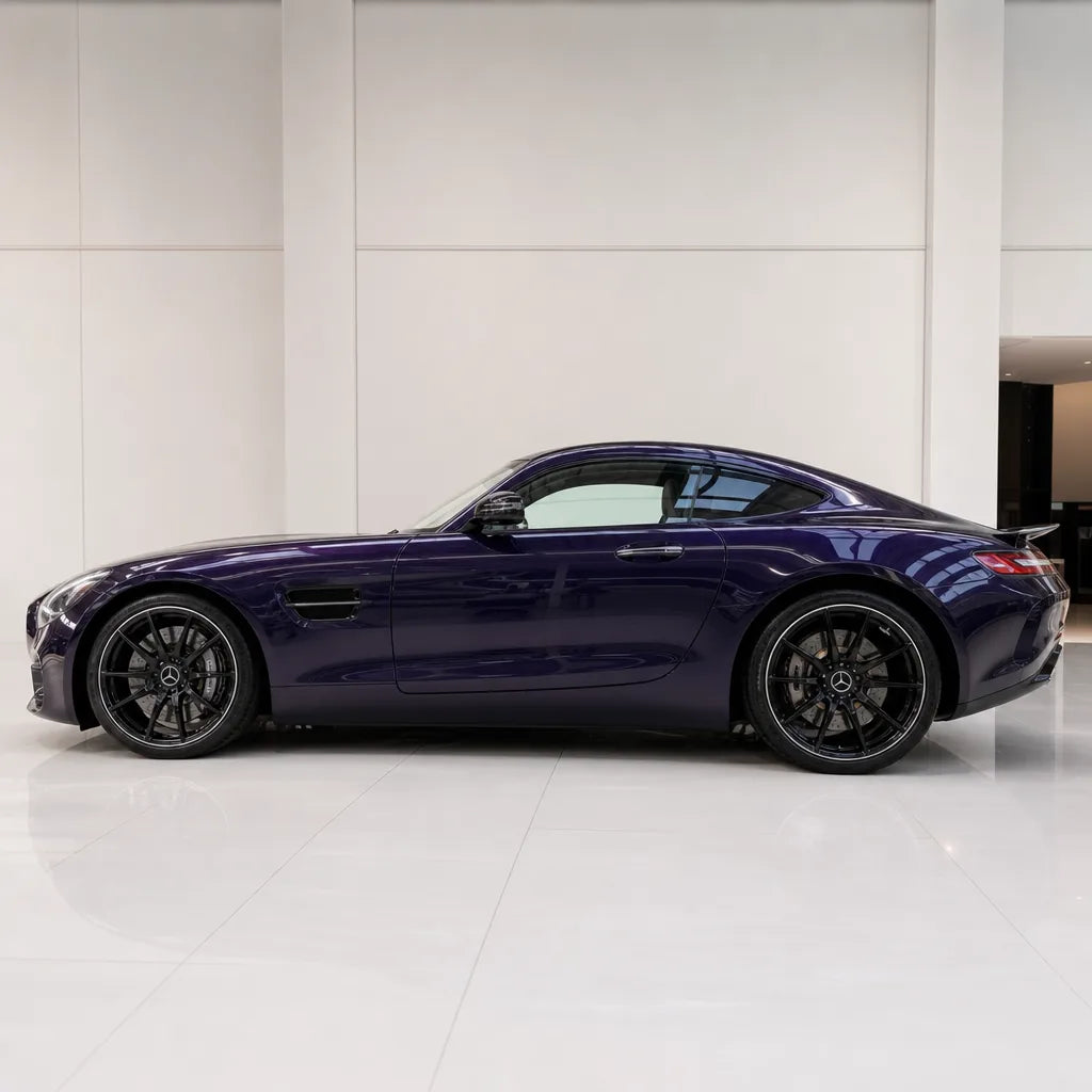 Liquid Metallic Purple gloss colored PPF wrapped on a Mercedes-AMG GT side profile | Veloro