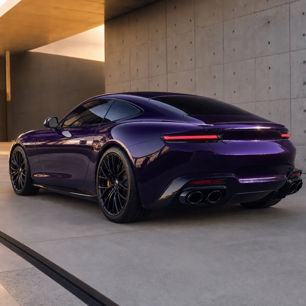 Luxury car wrapped in Liquid Metallic Purple gloss colored PPF at golden hour | Veloro