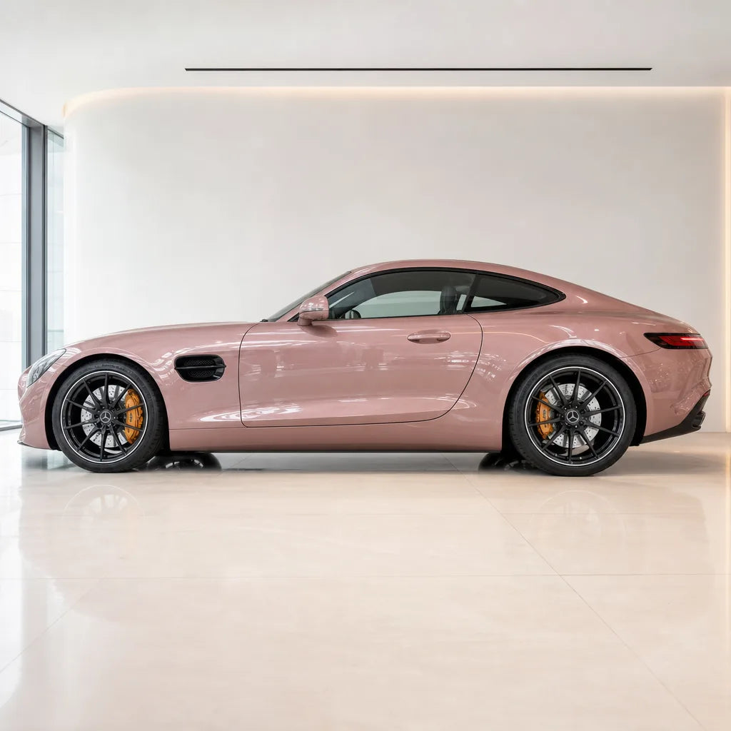 Liquid Metallic Shell Pink gloss colored PPF wrapped on a Mercedes-AMG GT side profile | Veloro