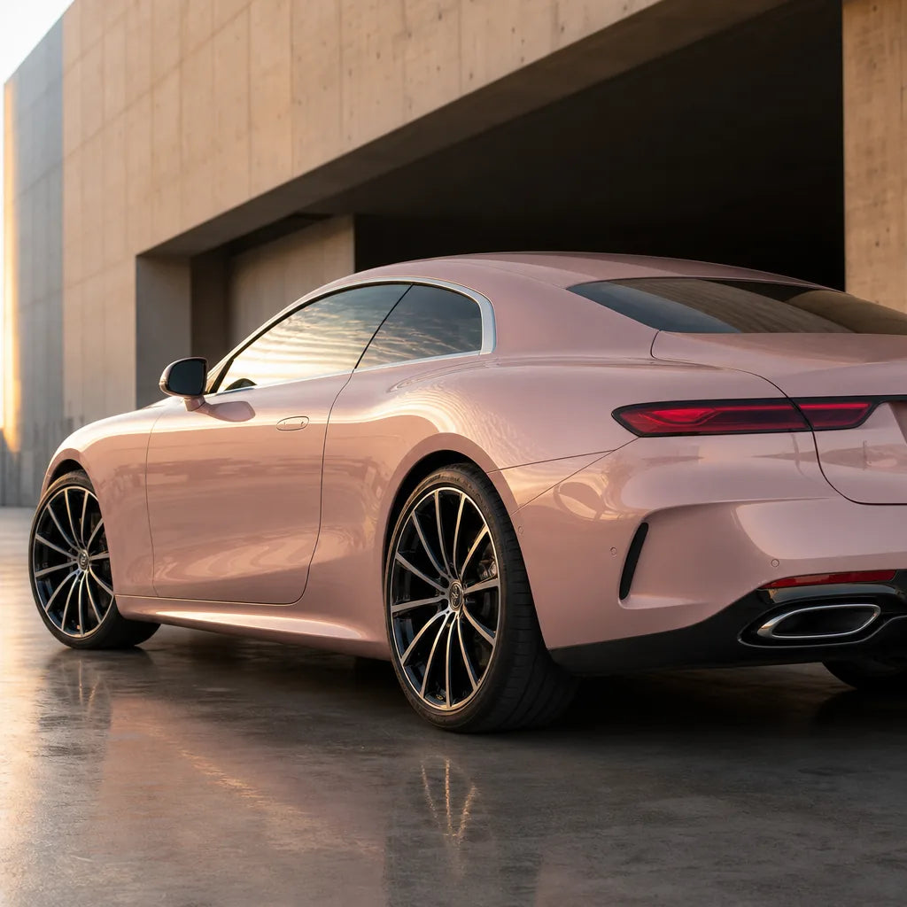 Luxury car wrapped in Liquid Metallic Shell Pink gloss colored PPF at golden hour | Veloro