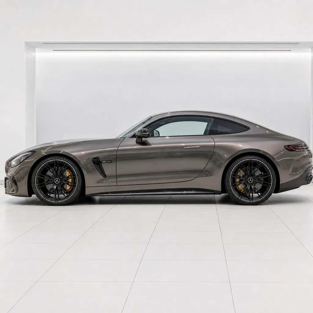 Liquid Metallic Silver gloss colored PPF wrapped on a Mercedes-AMG GT side profile | Veloro