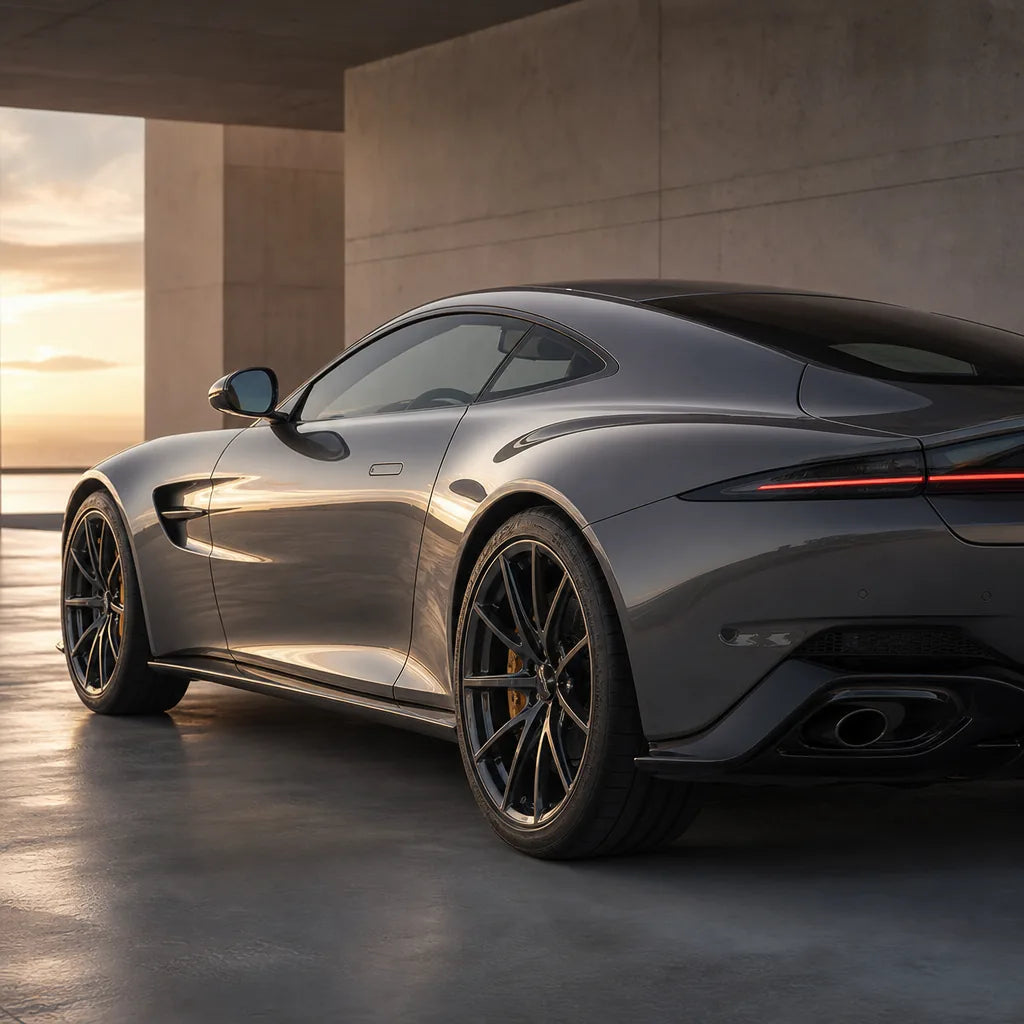 Luxury car wrapped in Liquid Metallic Silver gloss colored PPF at golden hour | Veloro