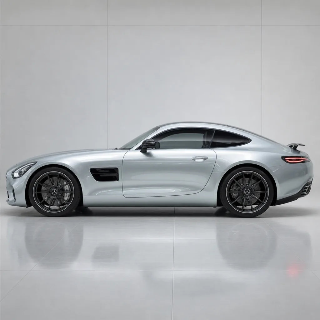 Liquid Metallic Stellar Silver gloss colored PPF wrapped on a Mercedes-AMG GT side profile | Veloro