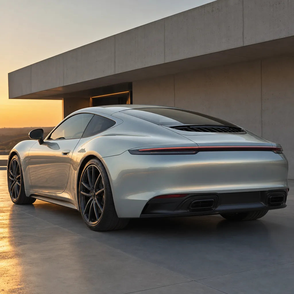 Luxury car wrapped in Liquid Metallic Stellar Silver gloss colored PPF at golden hour | Veloro