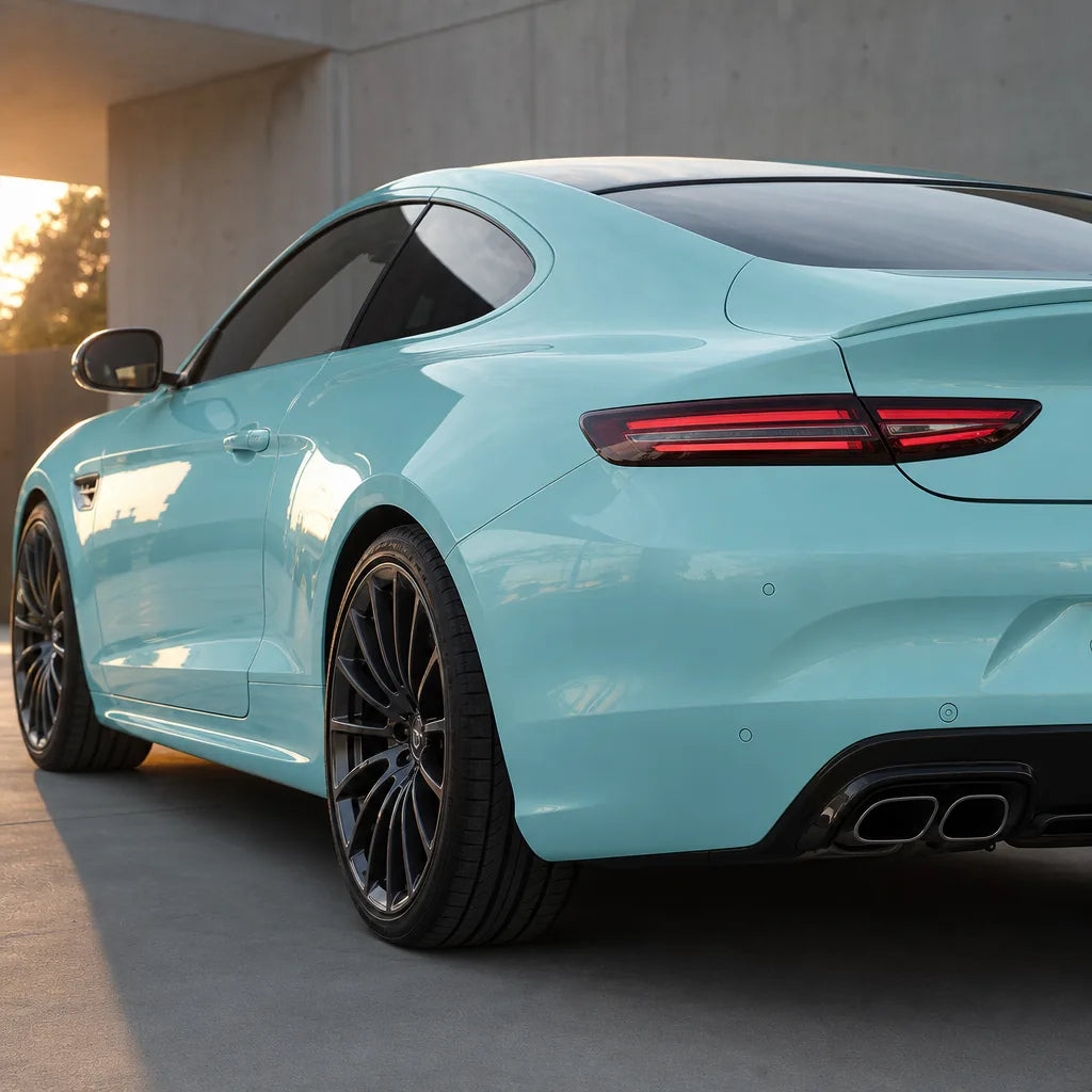 Luxury car wrapped in Liquid Metallic Stratosphere Blue gloss colored PPF at golden hour | Veloro