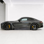 Liquid Metallic Titanium Grey gloss colored PPF wrapped on a Mercedes-AMG GT side profile | Veloro