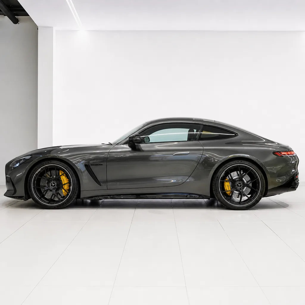 Liquid Metallic Titanium Grey gloss colored PPF wrapped on a Mercedes-AMG GT side profile | Veloro