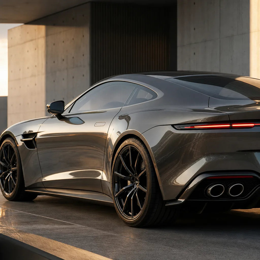 Luxury car wrapped in Liquid Metallic Titanium Grey gloss colored PPF at golden hour | Veloro