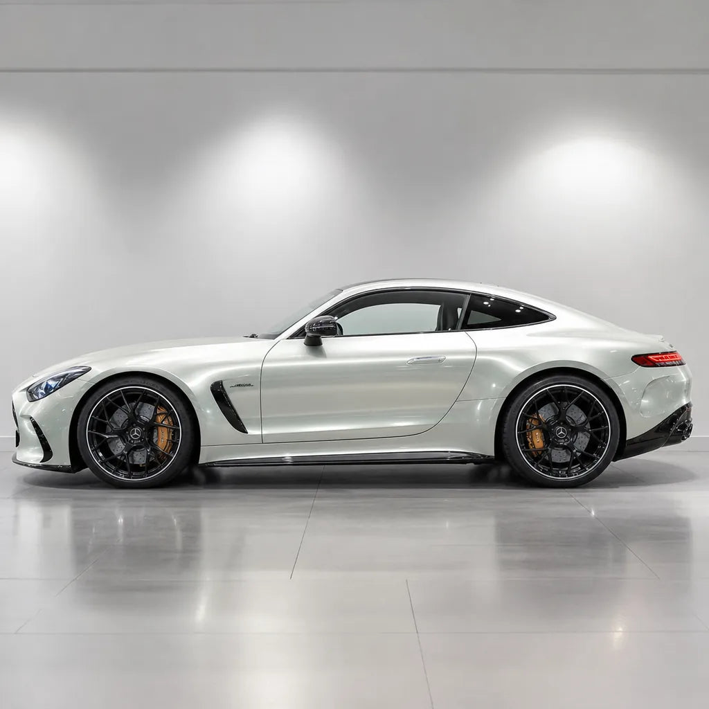 Liquid Metallic Titanium Silver gloss colored PPF wrapped on a Mercedes-AMG GT side profile | Veloro