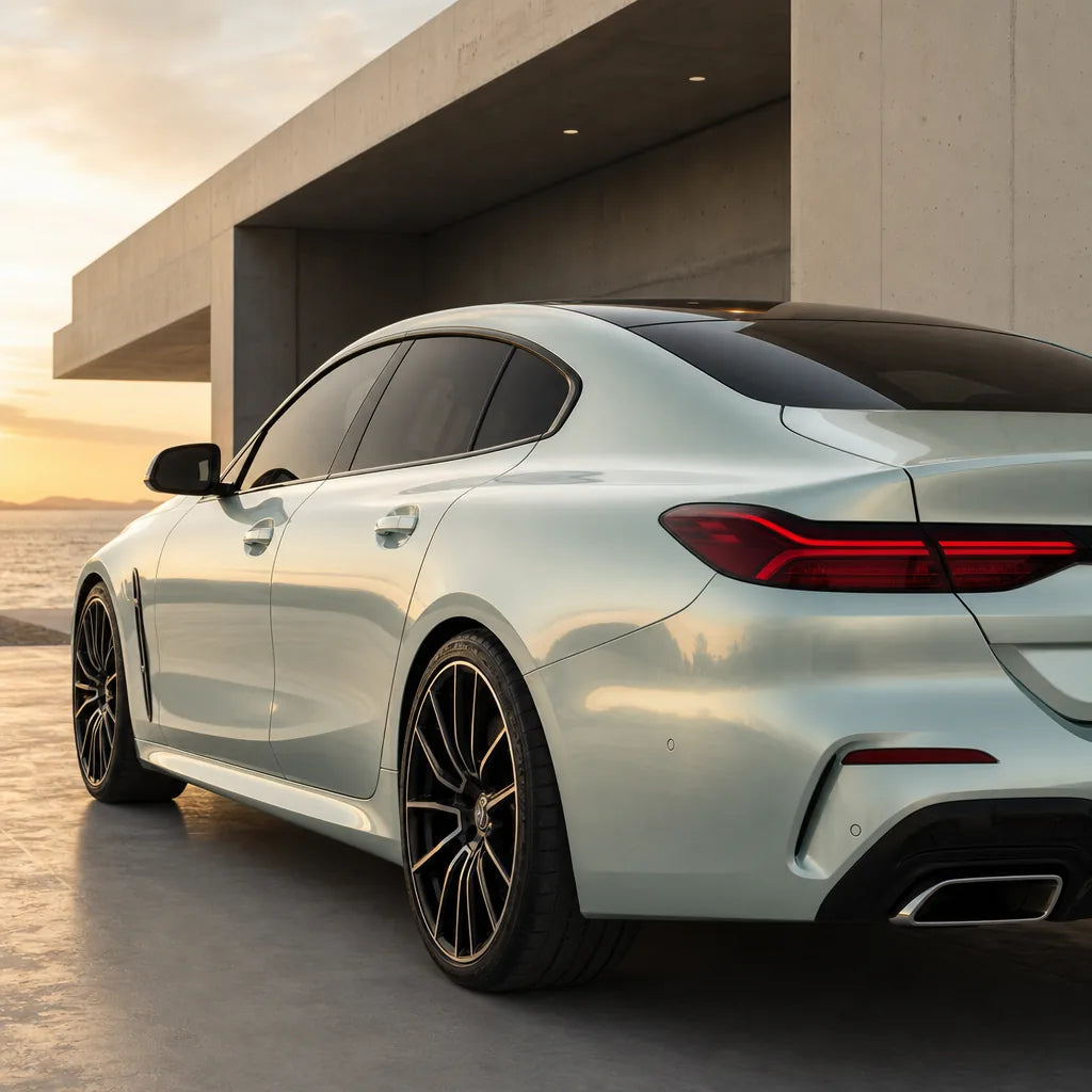 Luxury car wrapped in Liquid Metallic Titanium Silver gloss colored PPF at golden hour | Veloro