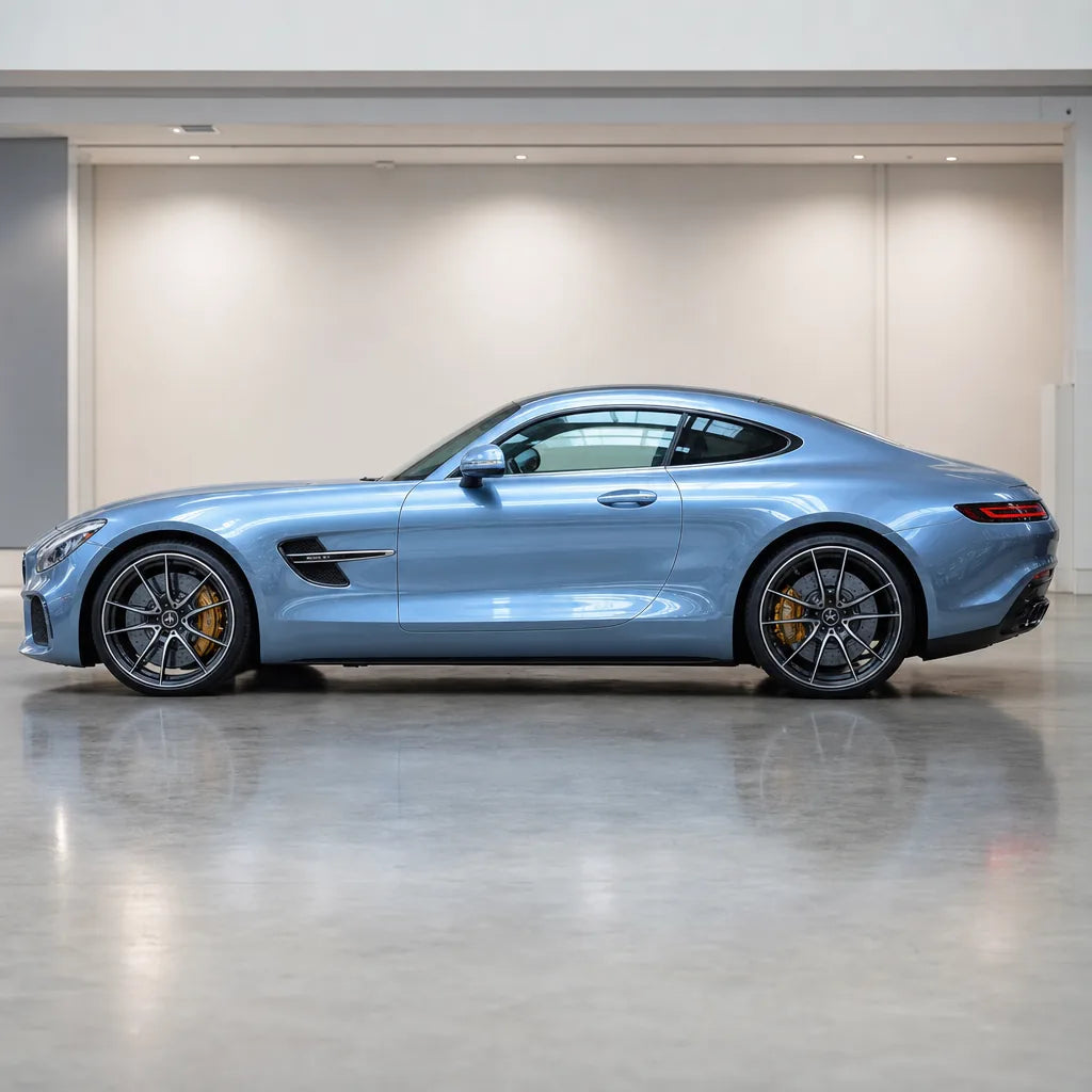 Liquid Metallic Tungsten Blue gloss colored PPF wrapped on a Mercedes-AMG GT side profile | Veloro