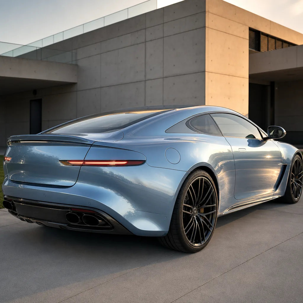 Luxury car wrapped in Liquid Metallic Tungsten Blue gloss colored PPF at golden hour | Veloro