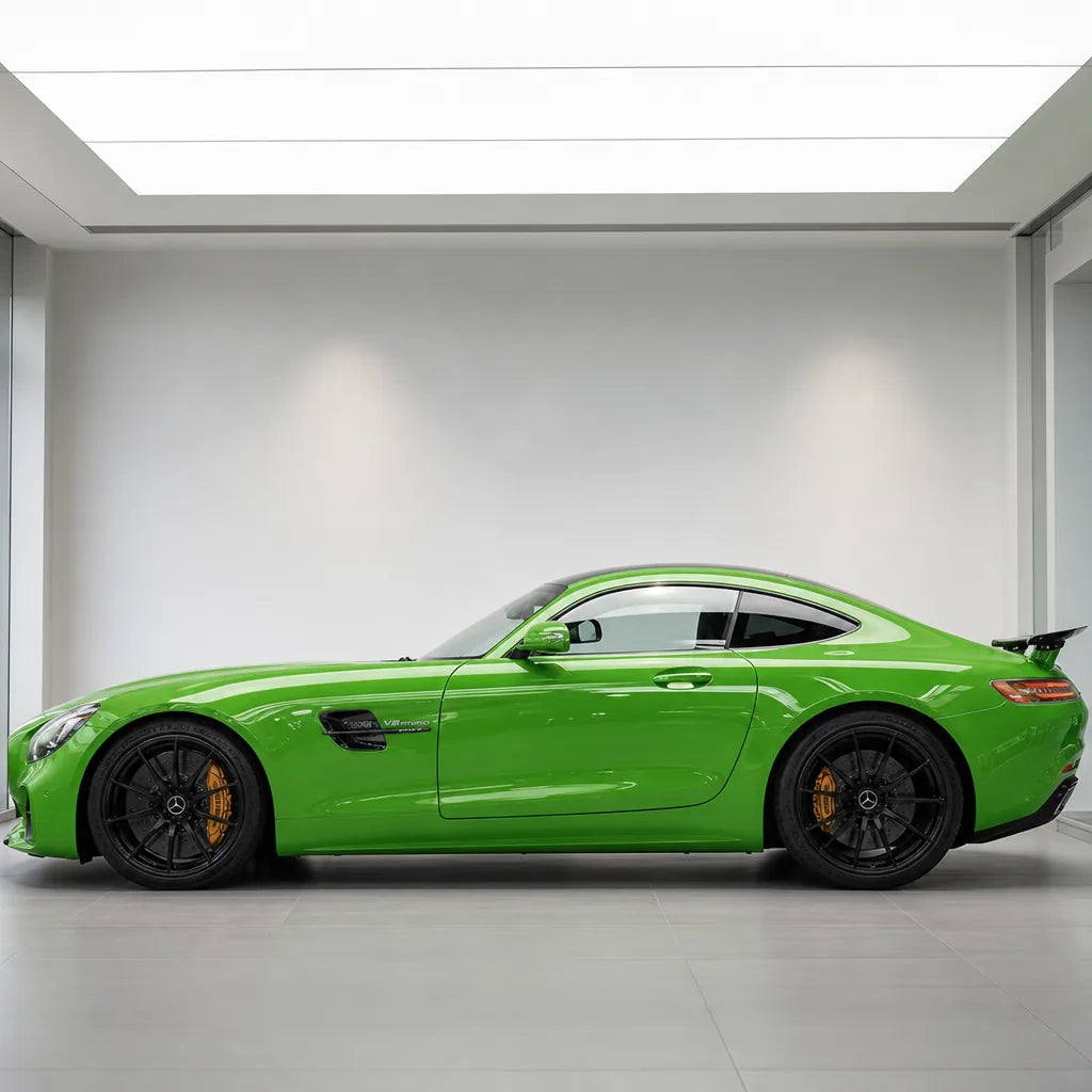 Lizard Green gloss colored PPF wrapped on a Mercedes-AMG GT side profile | Veloro