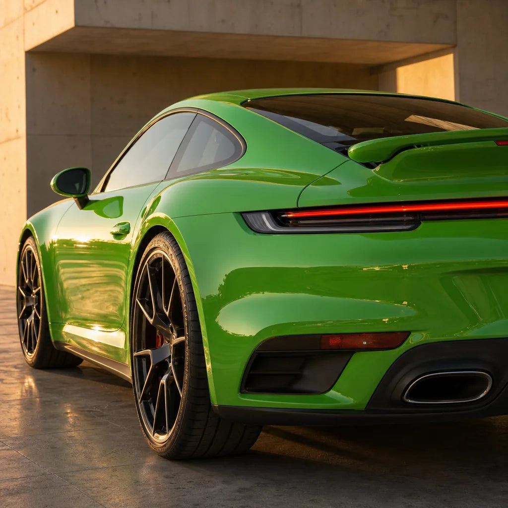 Luxury car wrapped in Lizard Green gloss colored PPF at golden hour | Veloro
