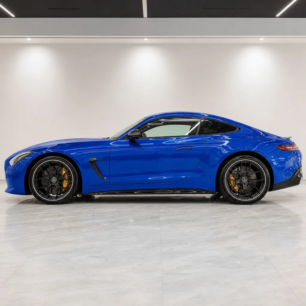 Lugano Blue gloss colored PPF wrapped on a Mercedes-AMG GT side profile | Veloro