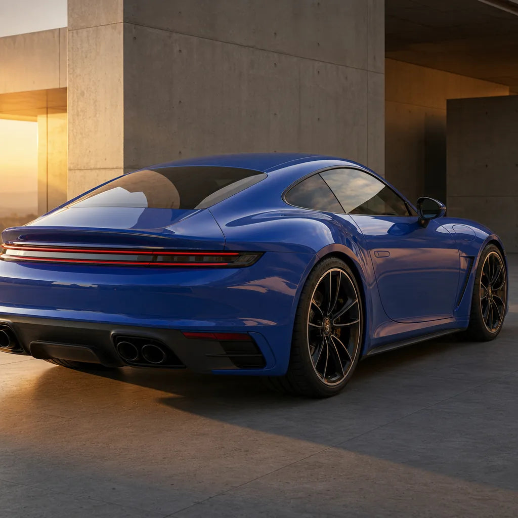 Luxury car wrapped in Lugano Blue gloss colored PPF at golden hour | Veloro